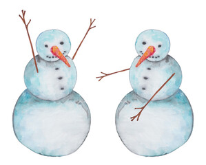 snowmen family and best friends, postcard, watercolor
