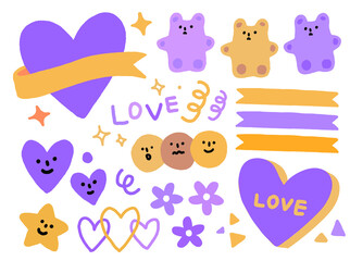 Vector hand drawn elements, purple, gummy bears, faces, sticker.