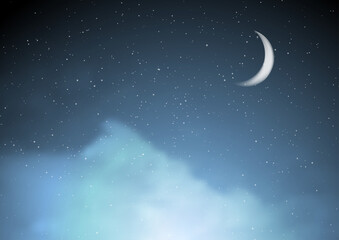 Fototapeta na wymiar Abstract night blue starry cloudscape background with moon. Graphic vector design clipart