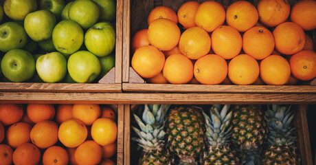 Green apples, tangerines and pineapples on wood counter fruit background and texture