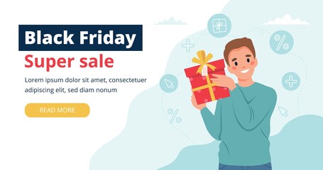 Black friday banner with man holding a gift box. Vector illustration template