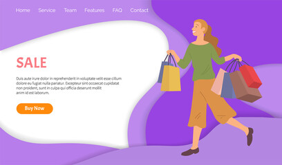 Big sale announcement. Only this week. Smiling woman with shopping bags in her hands. Young beautiful happy girl jumps and picks up multi-colored packages with clothes. Sale advertising in the store