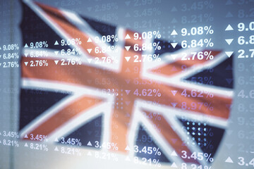Abstract virtual analytics data spreadsheet on British flag and sunset sky background, analytics and analysis concept. Multiexposure