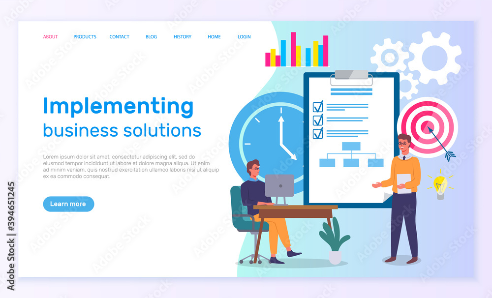 Poster landing page implementing business solutions. manager sits at table with laptop, office worker point