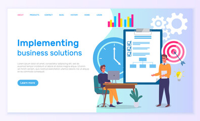 Landing page implementing business solutions. Manager sits at table with laptop, office worker points to clipboard with check markers. Target, arrow, bar chart, infographic icons. User interface