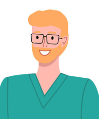 Closeup male doctor in protective surgical uniform and glasses. Man medical professional, doctor or laboratory assistant in medical green suit. Positive man professional physician. Healthcare concept