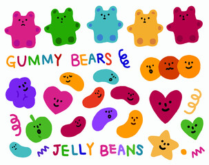Vector hand drawn elements,  gummy bears, faces, sticker.