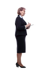 business woman making notes in clipboard. isolated on a white