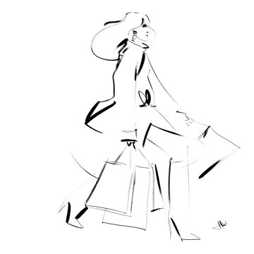 recommend clip art: Woman dressed in a trenchcoat and boots, carrying many shopping bags.