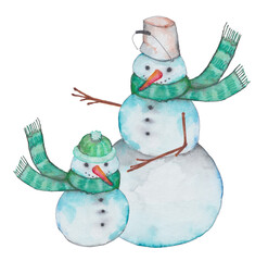 snowmen family parent child, postcard, watercolor