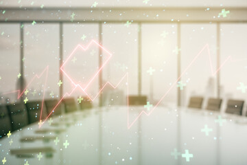 Abstract virtual concept of heart pulse illustration on a modern conference room background. Medicine and healthcare concept. Multiexposure