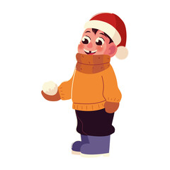 happy little boy in winter clothes and snowball