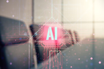 Creative artificial Intelligence symbol hologram on a modern coworking room background. Double exposure