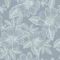 Wildflowers. Hand drawing. Black engraving, graphics, line art. Vintage seamless pattern. Black and white. Isolated vector illustration.