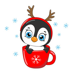 Christmas card.  Penguin with reindeer cap inside a coffee cup
