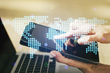 Abstract creative world map and finger clicks on a digital tablet on background, international...