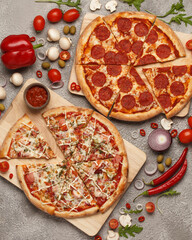 Italian pizza. Classic round pizza. Pizza and slices. Pizza on bright backgrounds with ingredients.