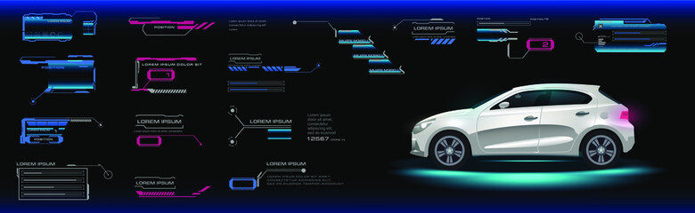 Car user interface HUD, GUI, UI. Road navigation. Control system for an unmanned vehicle. Virtual GUI with electric vehicle options and parameters. Vector car interface