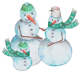 snowmen family mom dad child, postcard, watercolor