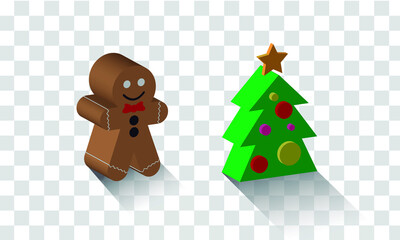 3d pictograms of Christmas images. Gingerbread doll and Christmas tree. Transparent background.