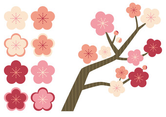 梅の木と花の素材イラスト（シンプル）