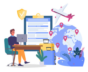 Young man wears glasses, tour agent at table using laptop, huge clipboard with document and shield, suitcases on casters, large globe with geolocations, airplane, plants. Travel Insurance Concept