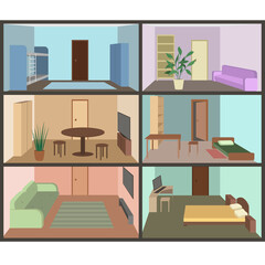 Illustration of an apartment building in the section. Front view of six adjacent rooms. Three floors are presented.  