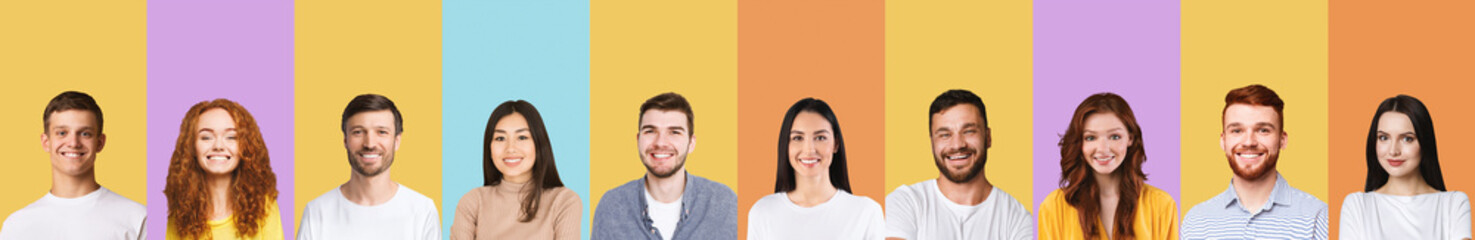 Collage Of Young People Portraits Posing On Bright Colored Backgrounds
