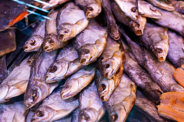 dried fish chekhon on the counter of the store
