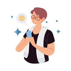 man cartoon using smartphone over white background