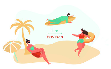 Keep Distance on the Beach during Quarantine.Beach Holiday and Activities at Sea,Surfing and Sunbathe in Covid 19.Characters in Medical Masks.Summer Holiday.Flat Vector Illustration