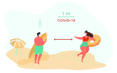 Keep Distance on the Beach during Quarantine.Beach Holiday and Activities at Sea,Surfing and Sunbathe in Covid 19.Characters in Medical Masks.Summer Holiday.Flat Vector Illustration