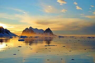 The distant iceberg is surrounded by chromed sunlight and gray clouds. It is set against the blue sky, making the morning in Antarctica look dreamy.
