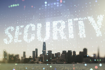 Fototapeta na wymiar Virtual cyber security creative concept on San Francisco city skyline background. Double exposure