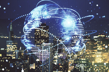 Abstract graphic digital world map hologram with connections on San Francisco cityscape background, globalization concept. Multiexposure