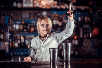 Girl bartender mixes a cocktail at the bar