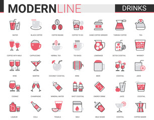 Drink flat thin red black line icons vector illustration set, outline drinking liquid and beverage website symbols collection of coffee or tea cup and equipment, alcohol cocktails, cafe or bar menu
