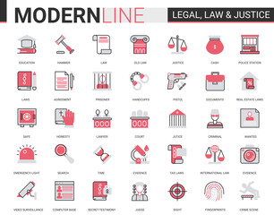 Legal law and justice flat line icon vector illustration set. Red black infographic design of mobile app website symbols with judicial legislation education, lawyer defense, police investigation