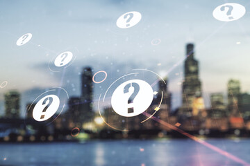 Abstract virtual question mark illustration on blurry skyline background. FAQ and search concept....