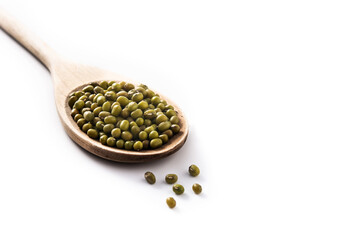 Green soy beans on wooden spoon isolated on white background. Copy space