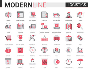 Logistics transportation, delivery service flat line icon vector illustration set. Red black thin linear delivering symbols for mobile app website with freight transport, warehouse loading, shipping
