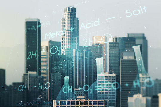 Double exposure of abstract virtual chemistry hologram on Los Angeles city skyscrapers background, research and development concept