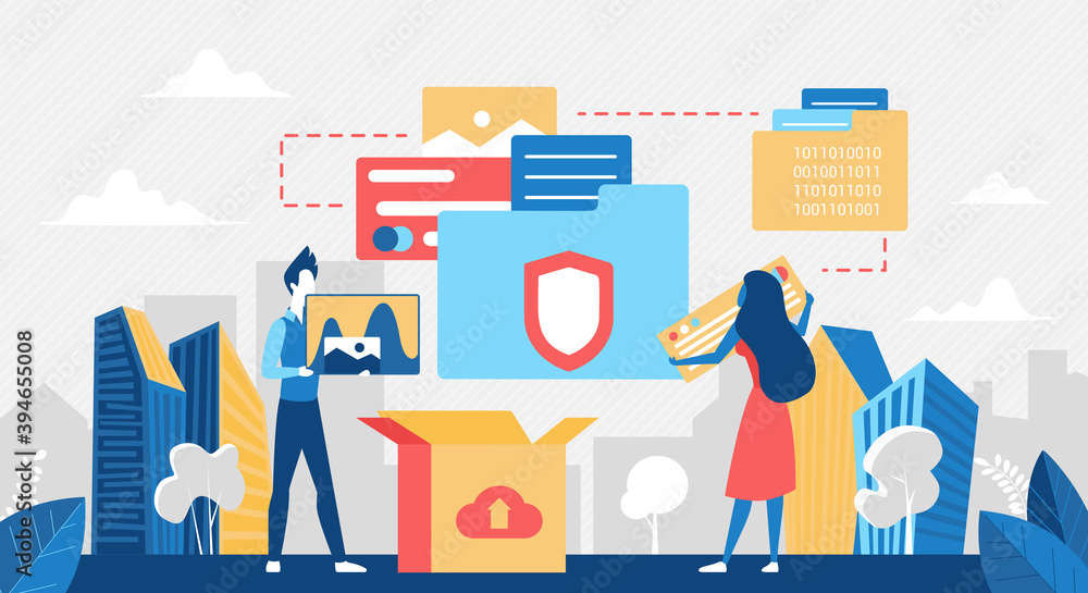 Aufkleber Cloud data storage technology concept vector illustration. Cartoon user people upload photo documents and files to server cloud datacenter. Modern tech service for communication in internet background