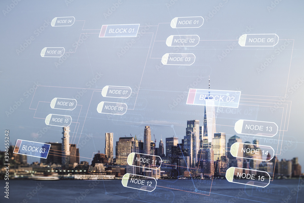 Poster multi exposure of abstract creative coding sketch on new york city skyline background, artificial in