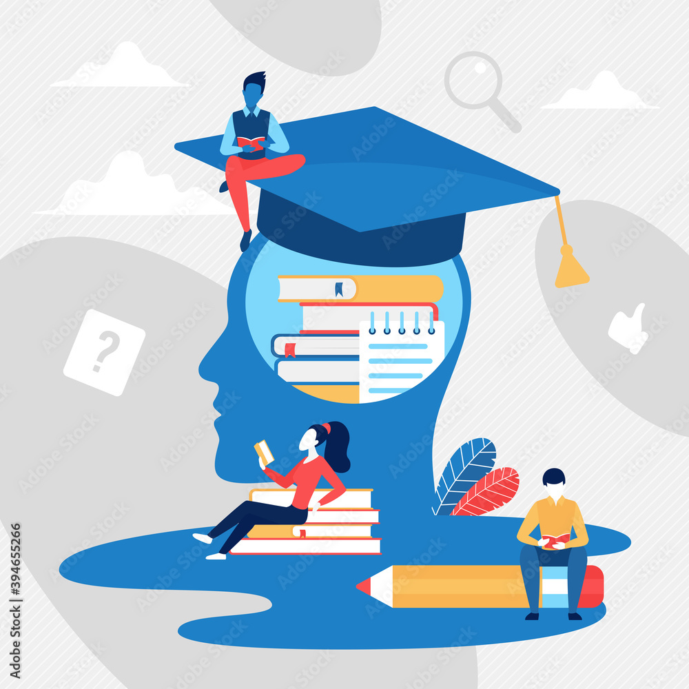 Poster education concept vector illustration. cartoon tiny learning reading people and abstract head of gra