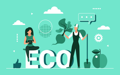 Healthy eco green food concept vector illustration. Cartoon farmer people holding vegetable, sitting on eco word. Organic natural food choice for body energy and health, vegetarian diet background
