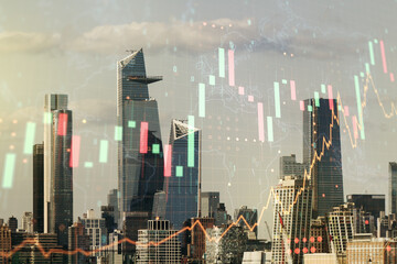 Multi exposure of virtual abstract financial graph hologram and world map on Manhattan cityscape background, financial and trading concept