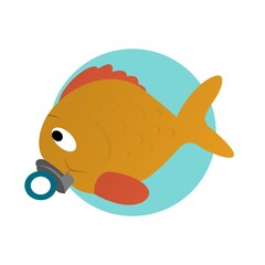 Illustration of Baby Yellow Fish with Orange Fin Cartoon, Cute Funny Character, Flat Design