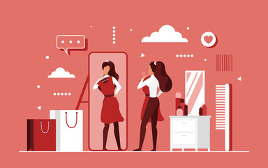 Try on fashion clothes concept vector illustration. Cartoon beautiful fashionable woman character trying on trendy dress in front of mirror in home wardrobe after shopping, choose outfit background
