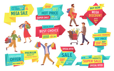People during the sale in the store. Men and women with shopping bags. Special offer and premium product quality. Hot prices and big discounts concept. Group of characters is buying gifts fot holiday